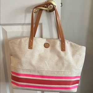 Tory Burch Canvas Beige and Pink Tote